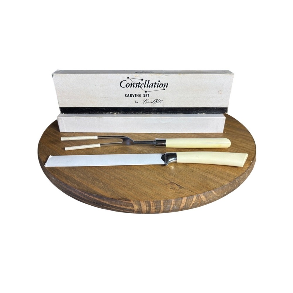 Vintage Carvel Hall Constellation Carving Set Ivory Color‎ Handles USA Retro NIB